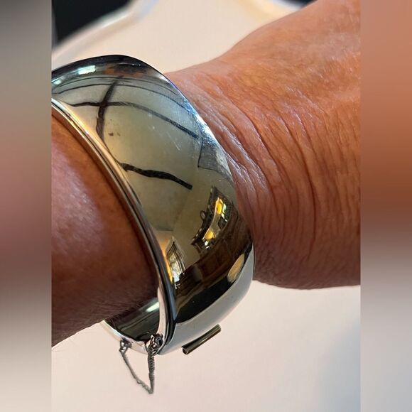 Vintage Silver Hinged Bangle Bracelet silver tone with chain chunky classic - Picture 6 of 12